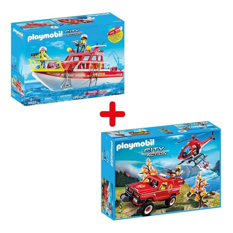 PLAYMOBIL City Brandweerboot Brandweerwagen + Heli -