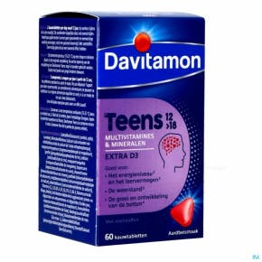 Davitamon Tieners 12>18 Multivitaminen Extra D3 Aardbei 60 Tabletten