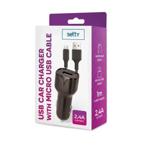 Setty Chargeur De Voiture 1x Usb 2,4a Noir + Câble Microusb 1,0 M