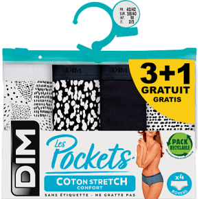 Dim Lot 4 Boxers Pocket Coton Noir/blanc