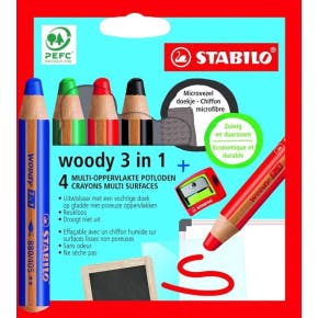 Stabilo - 4 Crayons Woody + Taille-crayon Et Chiffon