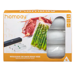 KitchenBoss Lot 3 Rouleaux Sacs Emballage Sous Vide 20x500cm Avec Boîte Découpe - Sans BPA