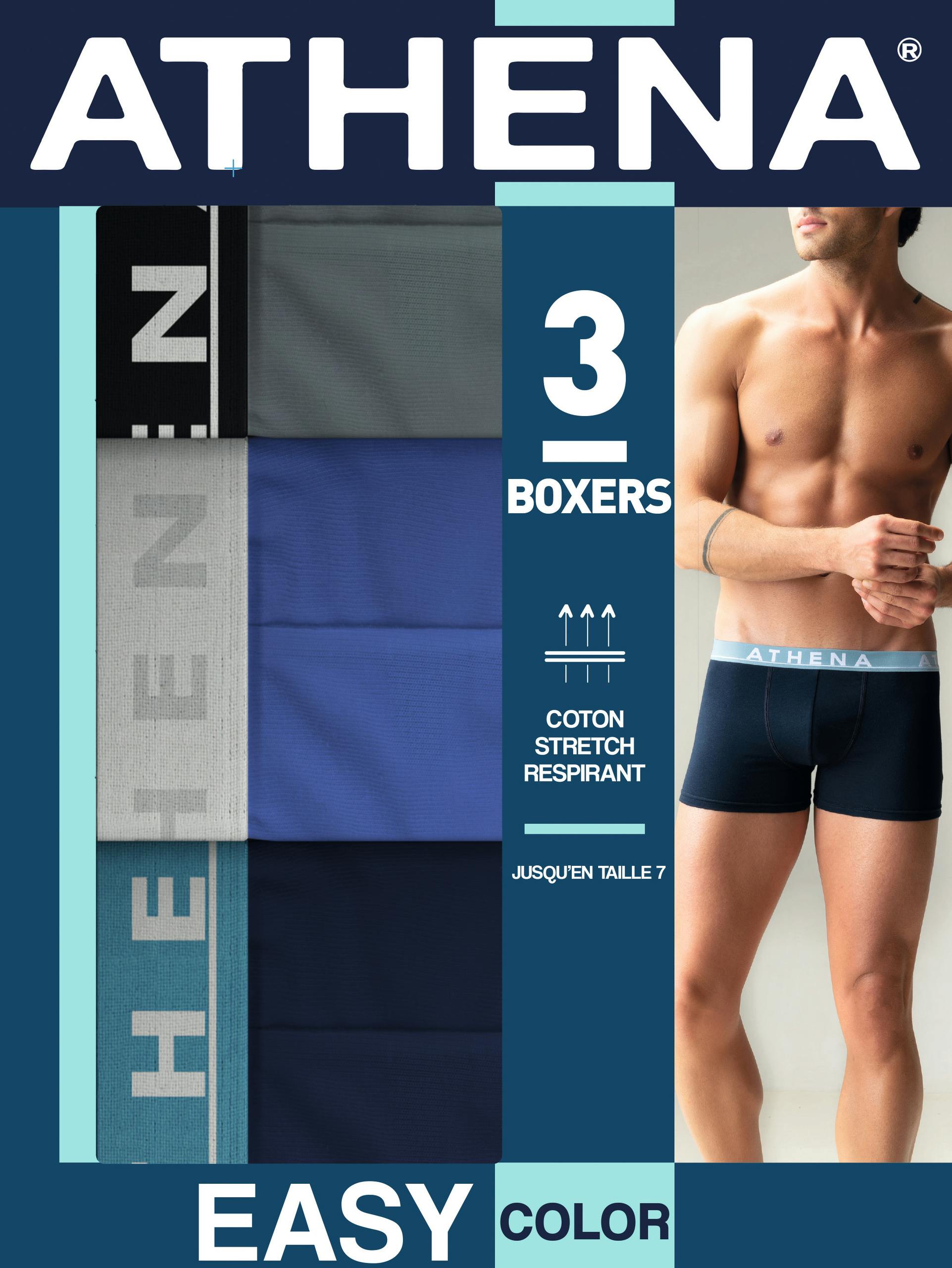 Athena - Lot 3 Boxers Unis Marine/bleu/gris Homme Easy Color