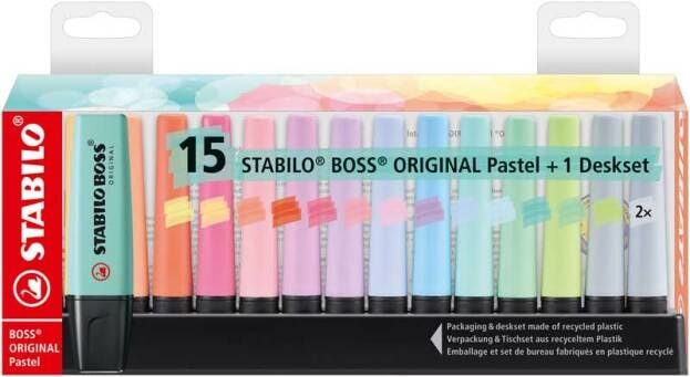 Stabilo Boss Original Pastel Fluostiften + 1 Deskset - 15 Stuks